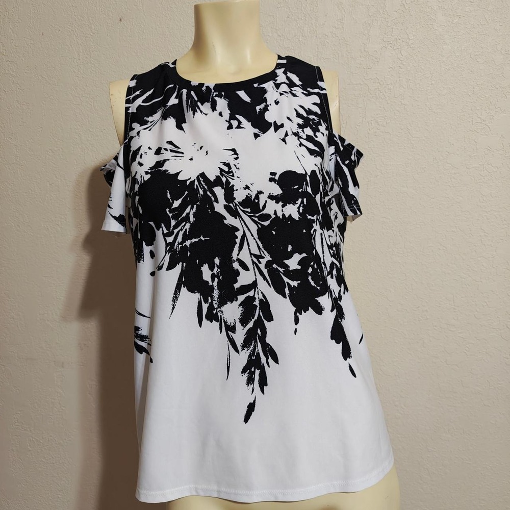 Melissa Paige Womens Black White Floral Cold Shoulder Top Short Sleeve Small